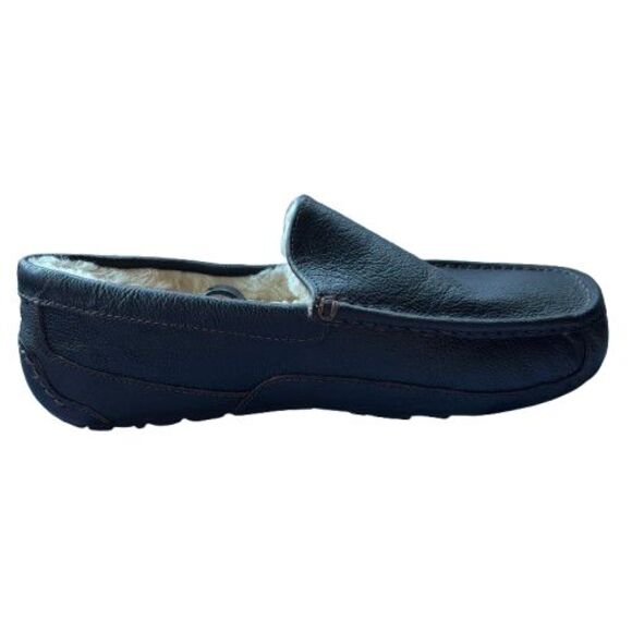 Men 11 EEE Wide UGG Ascot Wool Fleece Lined Black Leather 5379W Slippers Loafers - Picture 5 of 9